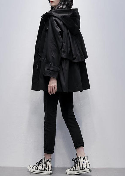 Diy Hooded Drawstring Fine Coat for Woman Black Baggy Outwear