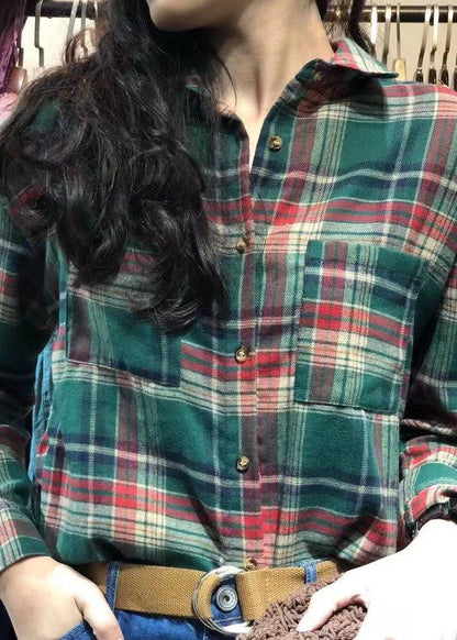 diy lapel collar cotton clothes pattern green plaid shirt autumn