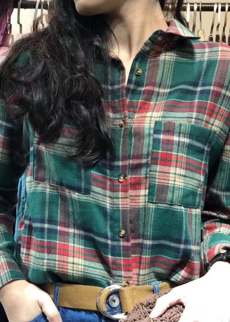Diy Lapel Collar Cotton Clothes Pattern Green Plaid Shirt Autumn