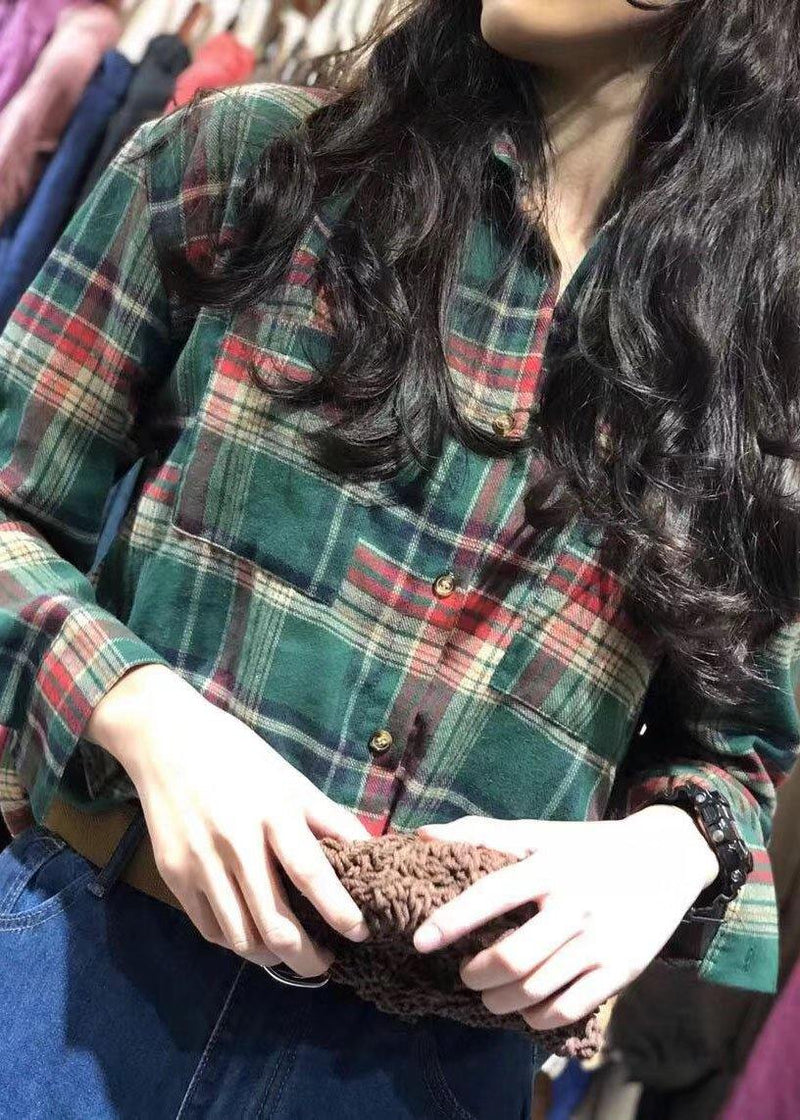 Diy Lapel Collar Cotton Clothes Pattern Green Plaid Shirt Autumn