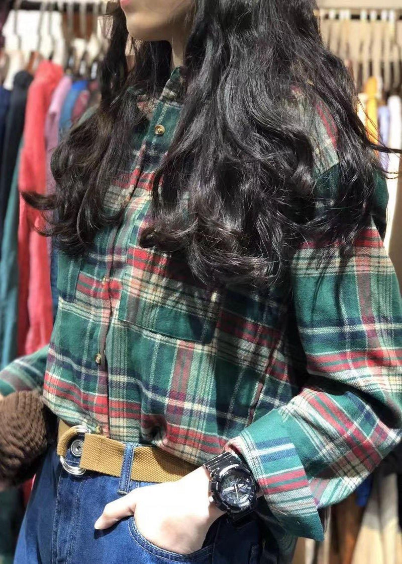 Diy Lapel Collar Cotton Clothes Pattern Green Plaid Shirt Autumn