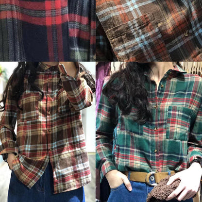diy lapel collar cotton clothes pattern green plaid shirt autumn