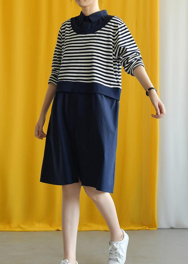 Diy Navy Striped Cotton Box Dress Lapel False Two Pieces Midi Fall Dress