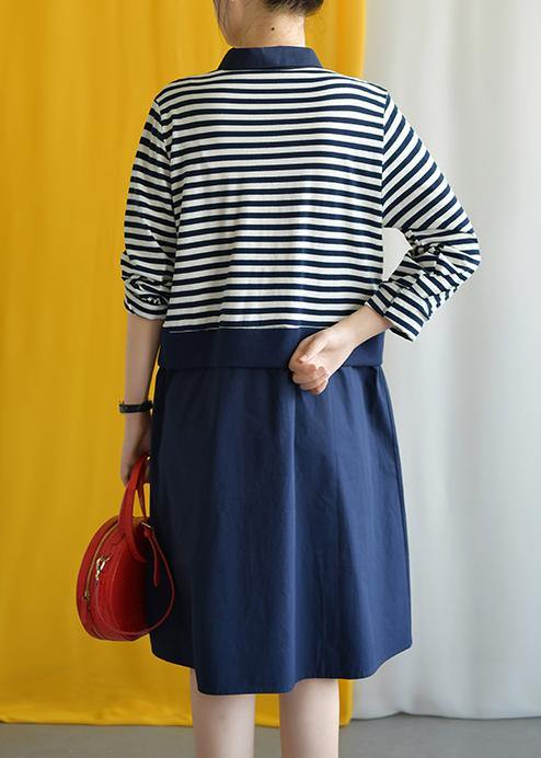 Diy Navy Striped Cotton Box Dress Lapel False Two Pieces Midi Fall Dress