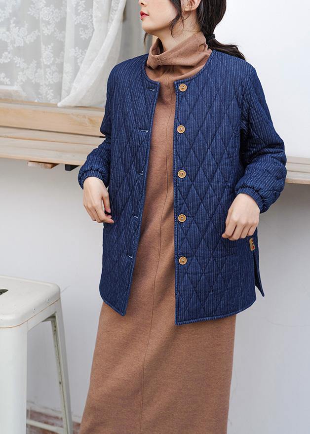 Diy O Neck Button Cotton Long Shirts Fabrics Dark Blue Blouse