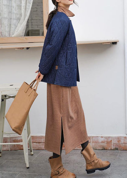 Diy O Neck Button Cotton Long Shirts Fabrics Dark Blue Blouse