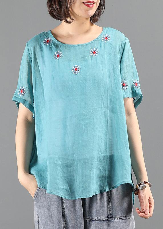 Diy O Neck Clothes for Blue Embroidery Short Blouse