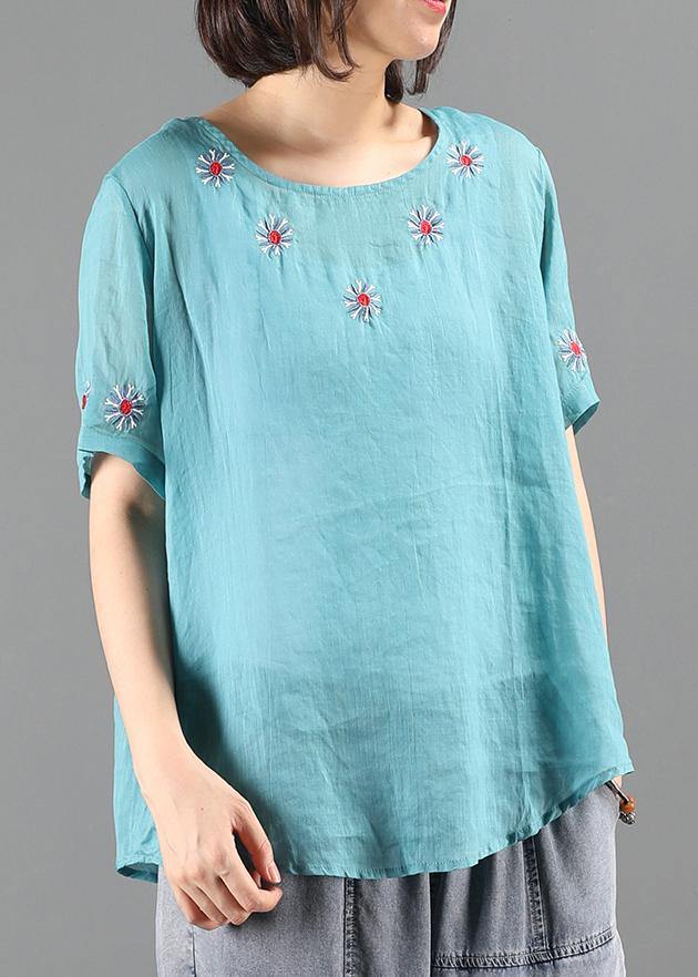 Diy O Neck Clothes for Blue Embroidery Short Blouse