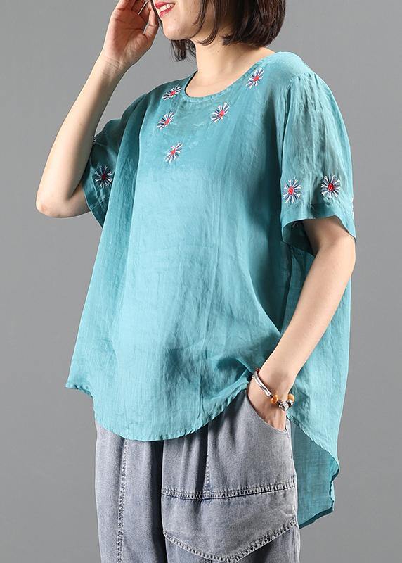Diy O Neck Clothes for Blue Embroidery Short Blouse