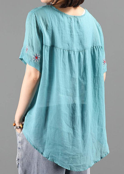 Diy O Neck Clothes for Blue Embroidery Short Blouse