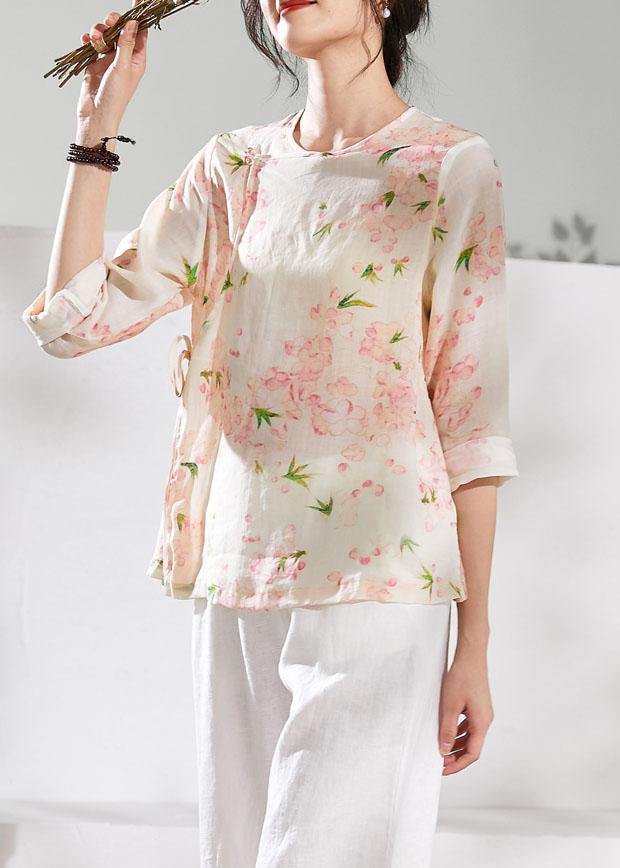 Diy O Neck Half Sleeve Linen Blouses for Shirts Pink Print Tops