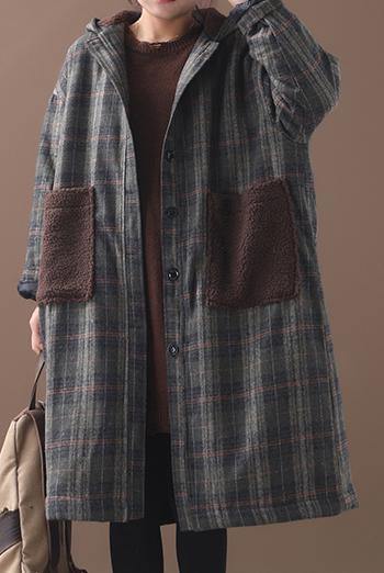 Diy Patchwork Pockets Fine Hooded Maxi Coat Green Plaid Tunic Jackets