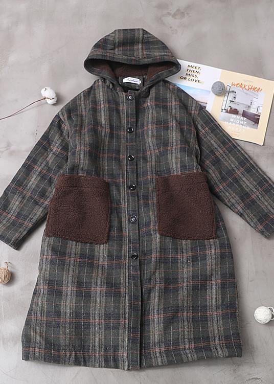 Diy Patchwork Pockets Fine Hooded Maxi Coat Green Plaid Tunic Jackets