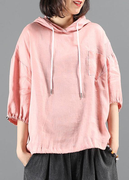 Diy Pink Blouse Neckline Hooded Half Sleeve Shirts