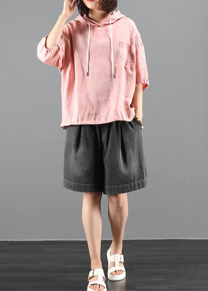Diy Pink Blouse Neckline Hooded Half Sleeve Shirts