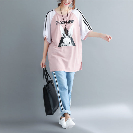 Diy Pink Print Cotton Clothes for Photography O Neck Cotton Tops