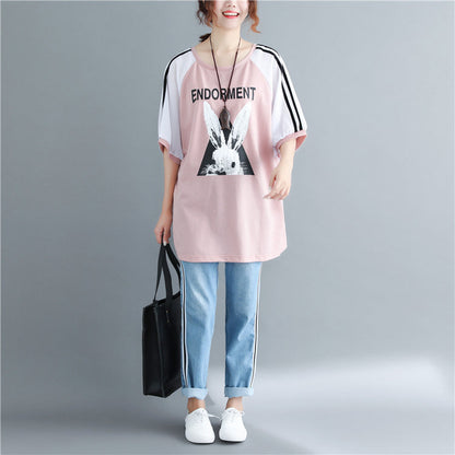 Diy Pink Print Cotton Clothes for Photography O Neck Cotton Tops