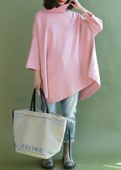 Diy Pink Shirts Asymmetric Hem Wool High Neck Blouse