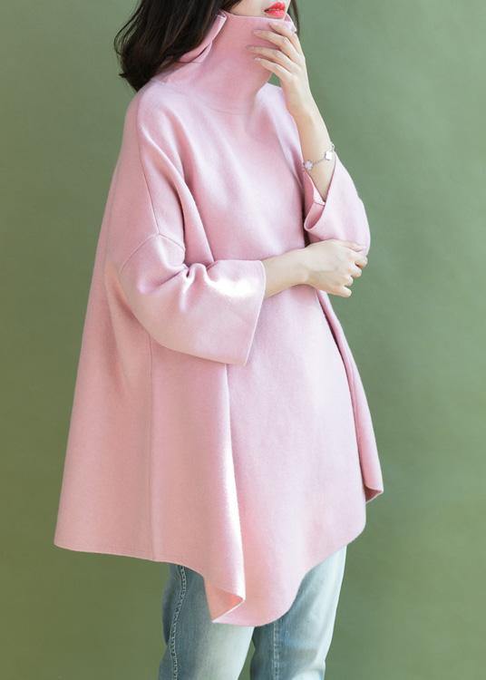 Diy Pink Shirts Asymmetric Hem Wool High Neck Blouse