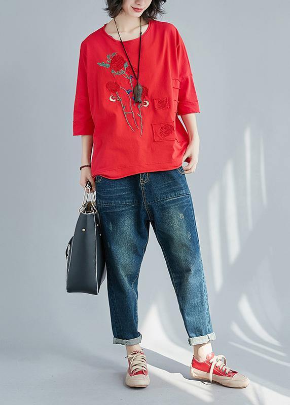 Diy Red Cotton Tunic Top Sleeve O Neck Patchwork Dresses Summer Shirts