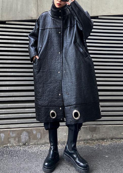 Diy Stand Collar Pu Clothes for Black Thick Loose Coats