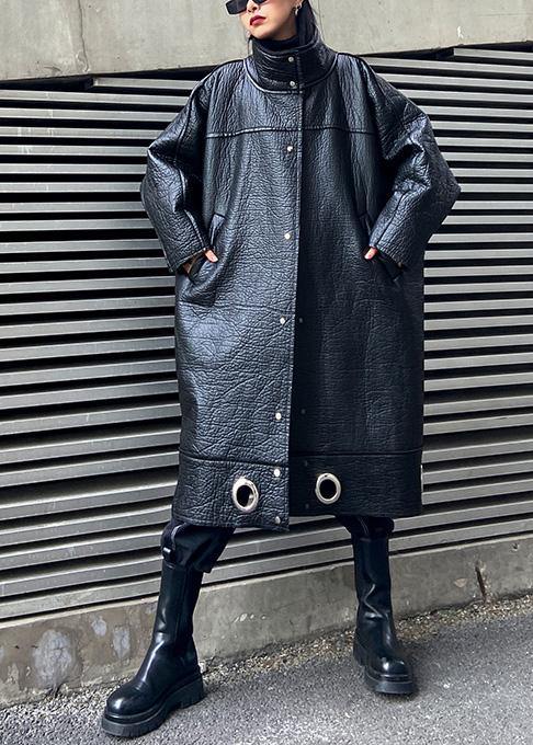 Diy Stand Collar Pu Clothes for Black Thick Loose Coats