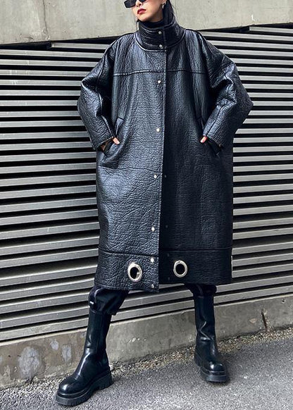 Diy Stand Collar Pu Clothes for Black Thick Loose Coats