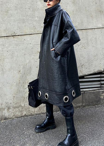 Diy Stand Collar Pu Clothes for Black Thick Loose Coats