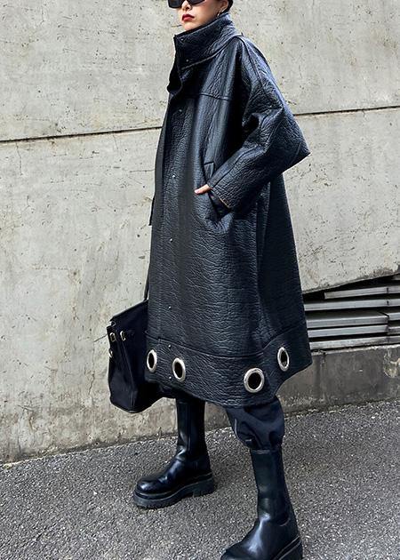 Diy Stand Collar Pu Clothes for Black Thick Loose Coats