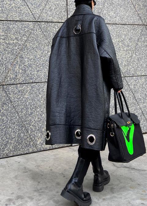 Diy Stand Collar Pu Clothes for Black Thick Loose Coats