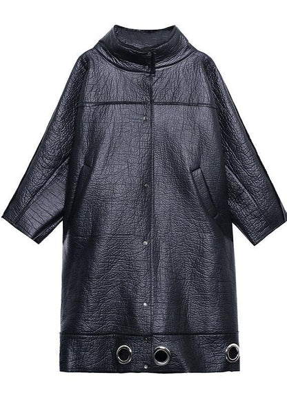 Diy Stand Collar Pu Clothes for Black Thick Loose Coats