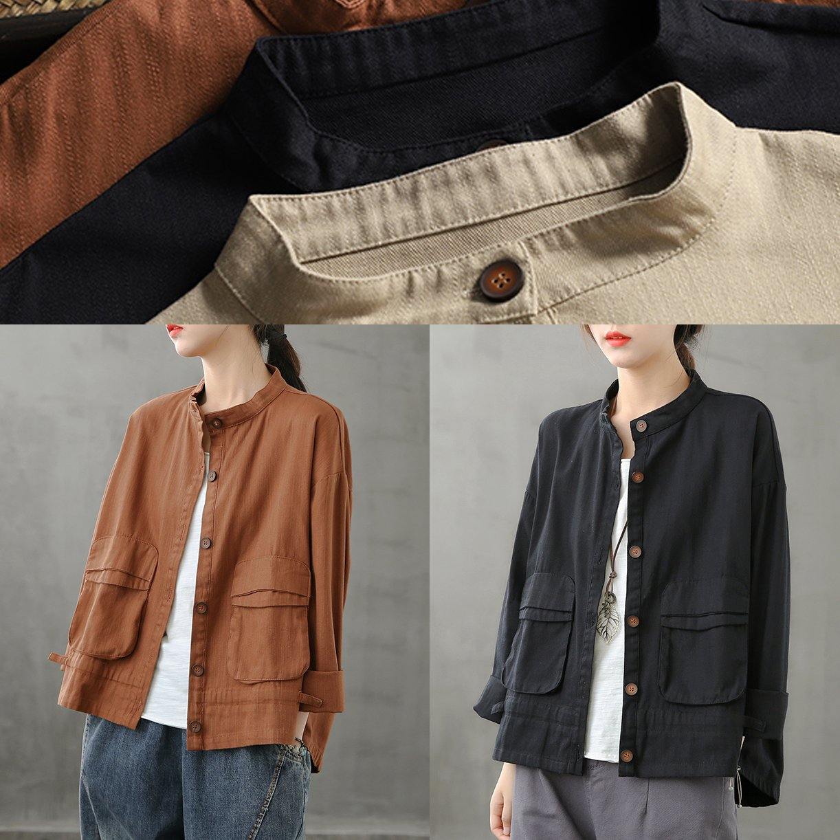 Diy Stand Collar Pockets Fine Coat Khaki Silhouette Coat