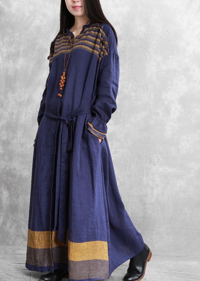 Diy Stand Collar Tie Waist Tunic Coat Blue Midi Coats
