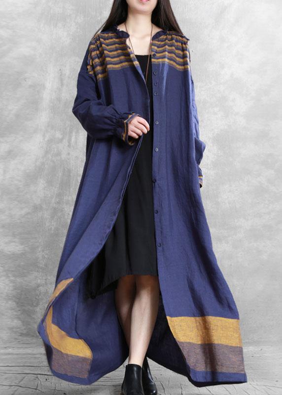 Diy Stand Collar Tie Waist Tunic Coat Blue Midi Coats