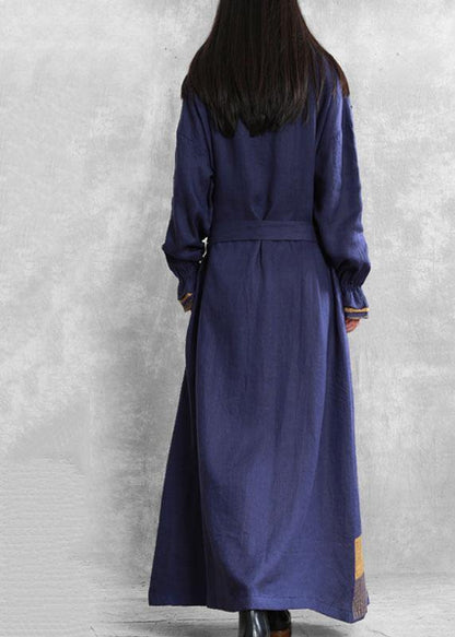 Diy Stand Collar Tie Waist Tunic Coat Blue Midi Coats