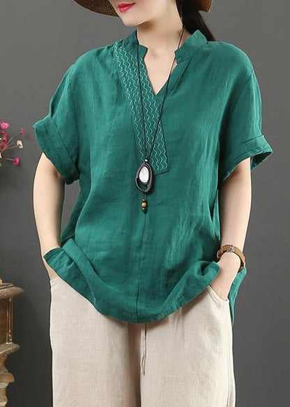 Diy V Neck Cotton Linen Summer Clothes Green Silhouette Top