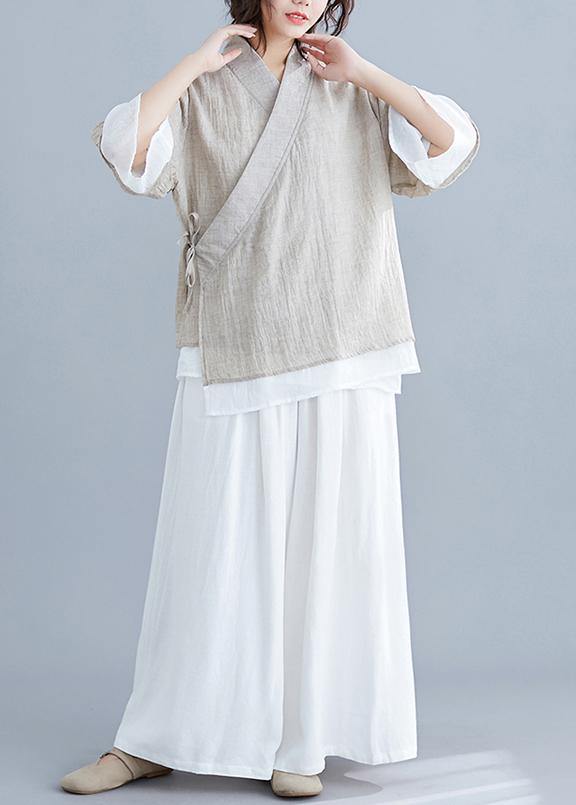 Diy V Neck Half Sleeve Cotton Linen Clothes for Nude Blouses Summer