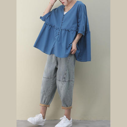 Diy V Neck Cinched Cotton Summer Tops Blue Tops