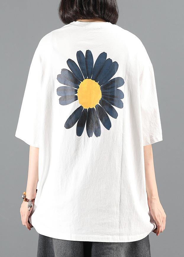 Diy White Little Daisy Print Tunics for O Neck Letter Short Top