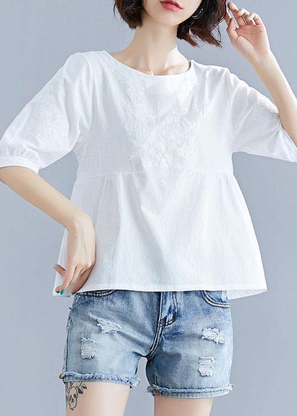 Diy White Cotton Pattern O Neck Embroidery Silhouette Summer Tops