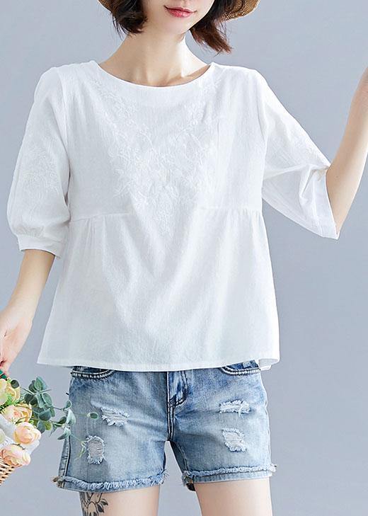 Diy White Cotton Pattern O Neck Embroidery Silhouette Summer Tops
