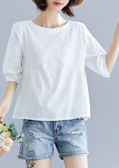 Diy White Cotton Pattern O Neck Embroidery Silhouette Summer Tops