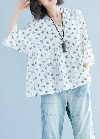 Diy White Print Chiffon Blouse Korea Batwing Sleeve V Neck Tunic Summer Shirt﻿