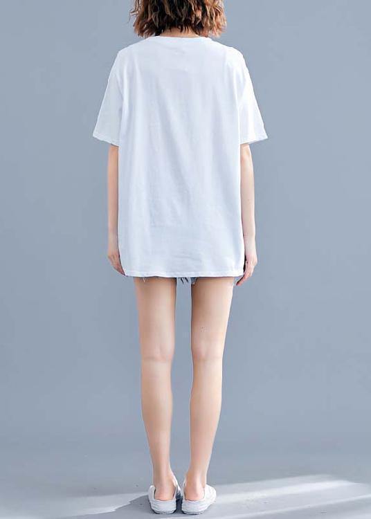 Diy White Print Cotton Clothes for O Neck Summer Tops