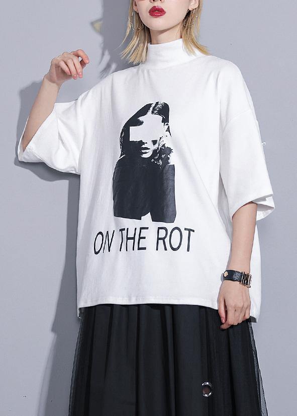 Diy White Print Cotton Top Silhouette Half Sleeve Tunic Stand Collar Shirt