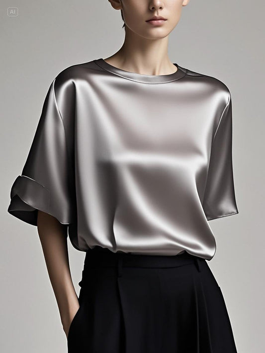 Fitted Grey Patchwork Silk Tops Summer