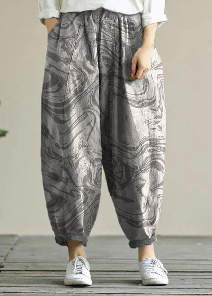 Literary Loose Orange Flowers Color Wild Large Size Elastic Waist Nine-point Harem Pants
