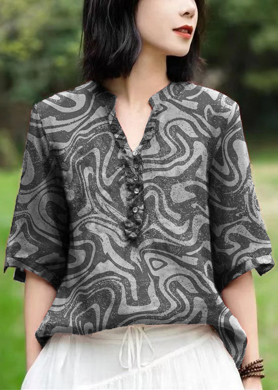 Unique Green Cashew V Neck Embroidered Linen T Shirts Half Sleeve