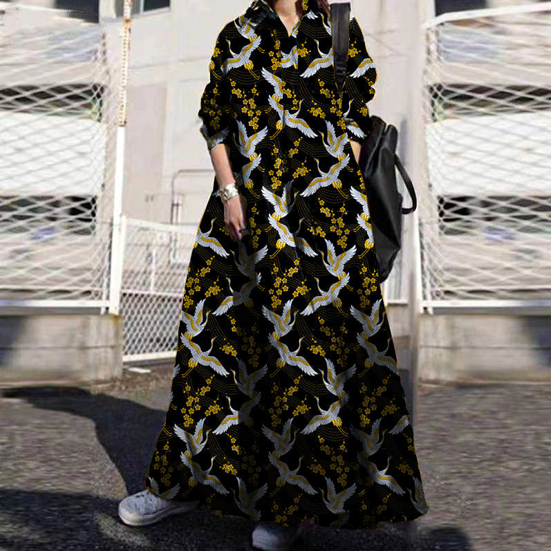 Retro Print Lapel Loose Long Sleeve Maxi Shirt Dress With Pocket