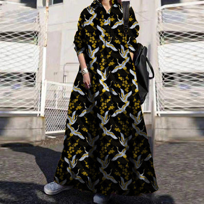Retro Print Lapel Loose Long Sleeve Maxi Shirt Dress With Pocket